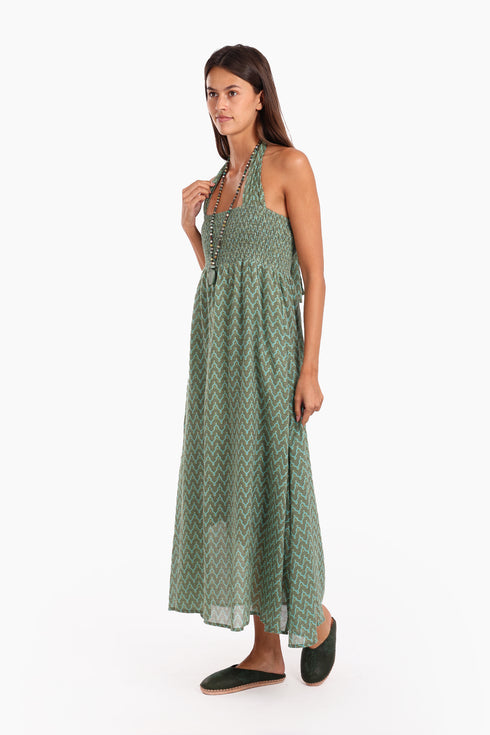 Dress in printed cotton gauze with halter neck tie